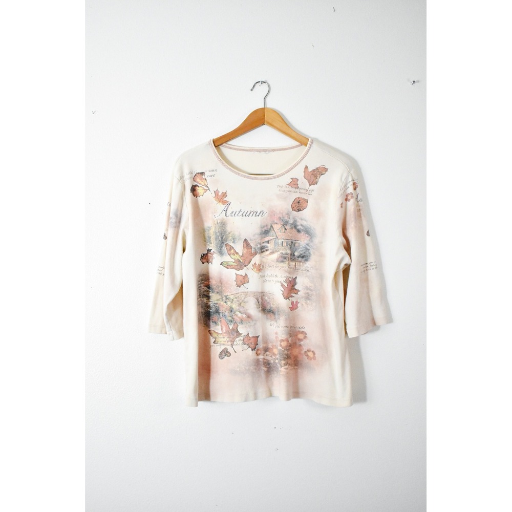Autumn Graphic Tee Women XLarge Cream 90s Cottagecore 3/4 Sleeve Top